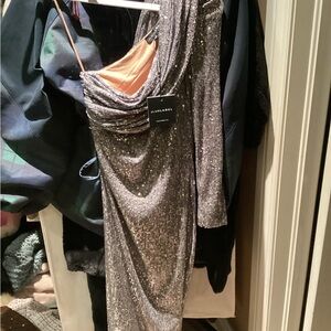 JLUXLABEL Silver One-Shoulder Sequin Gown with Copper Lining